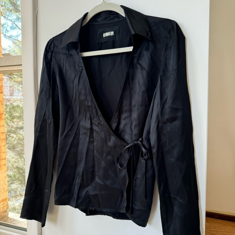 Reformation Silk Long Sleeve Wrap Top Black XS